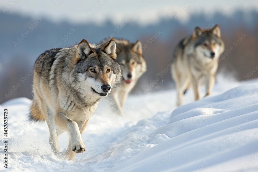 Naklejka premium Wolves Running Through Snow in Winter Forest