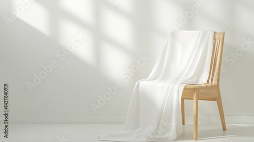 Minimalist Interior with Drape Over Chair and Light on Wall chair interior minimalist white fabric