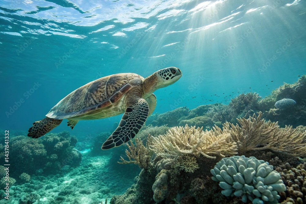 Fototapeta premium Sea Turtle Swimming Over Coral Reef in Sunlit Ocean Waters