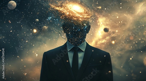 A surreal illustration depicting a person in formal attire with a swirling galaxy as the head, surrounded by cosmic elements like stars and planets