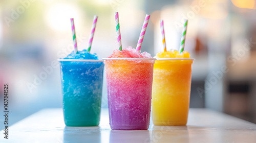 Rainbow slushies in clear cups with pastel striped straws