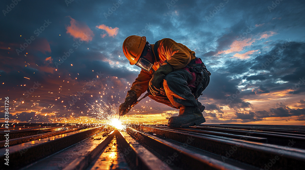 Fototapeta premium construction worker welding steel beams at sunset, creating dramatic scene with sparks flying