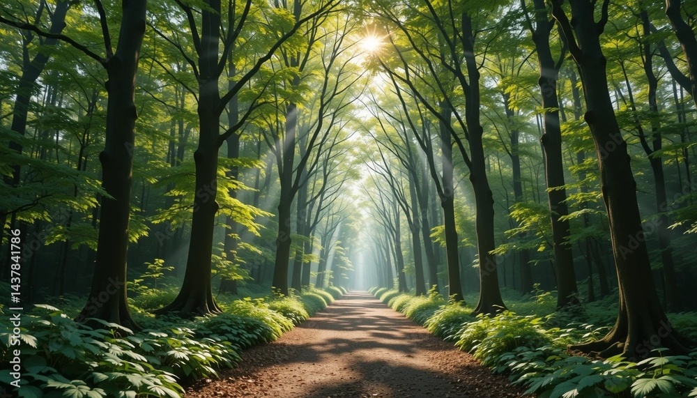 Naklejka premium Sunlight Filtering Through Green Forest Trees on a Peaceful Path – 8k Nature Background.