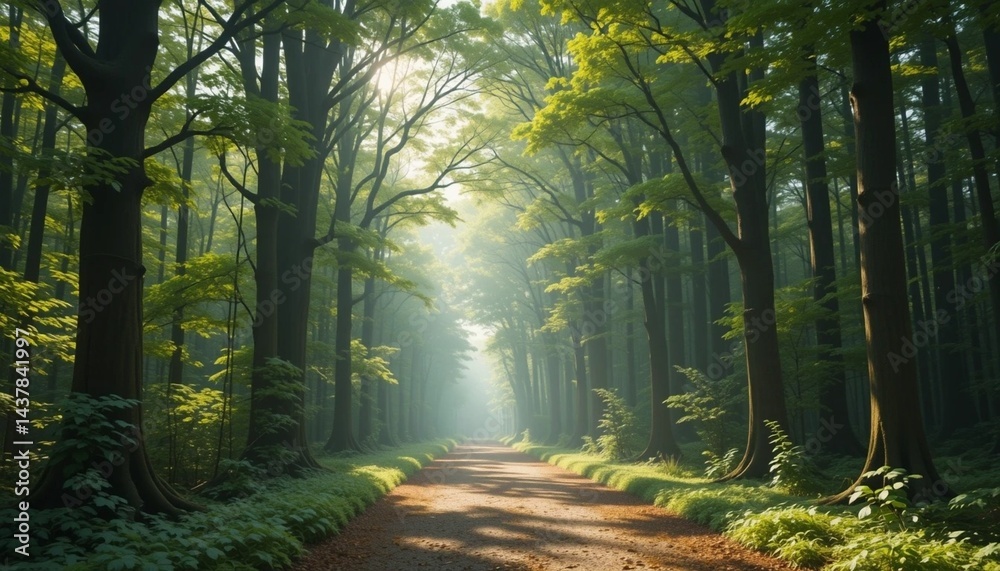 Obraz premium Sunlight Filtering Through Green Forest Trees on a Peaceful Path – 8k Nature Background.