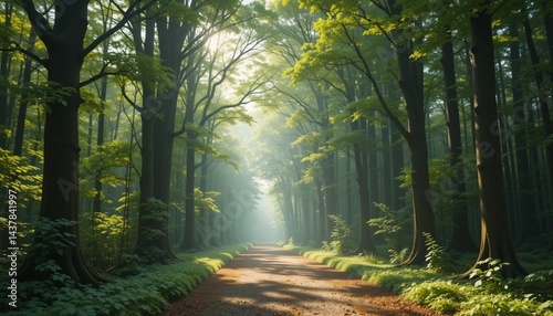 Sunlight Filtering Through Green Forest Trees on a Peaceful Path – 8k Nature Background.