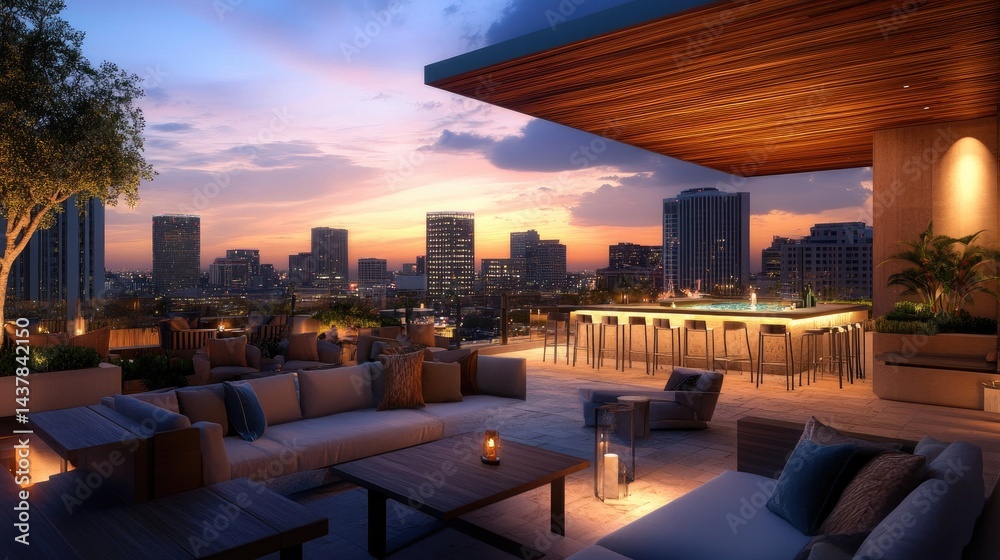 Obraz premium Outdoor rooftop lounge area with city views at twilight.