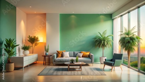 Serene Living Room with Warm Lighting and Lush Greenery Featuring a Comfortable Sofa and Accent Chair Near a Large Window Offering a View of Nature at Sunset