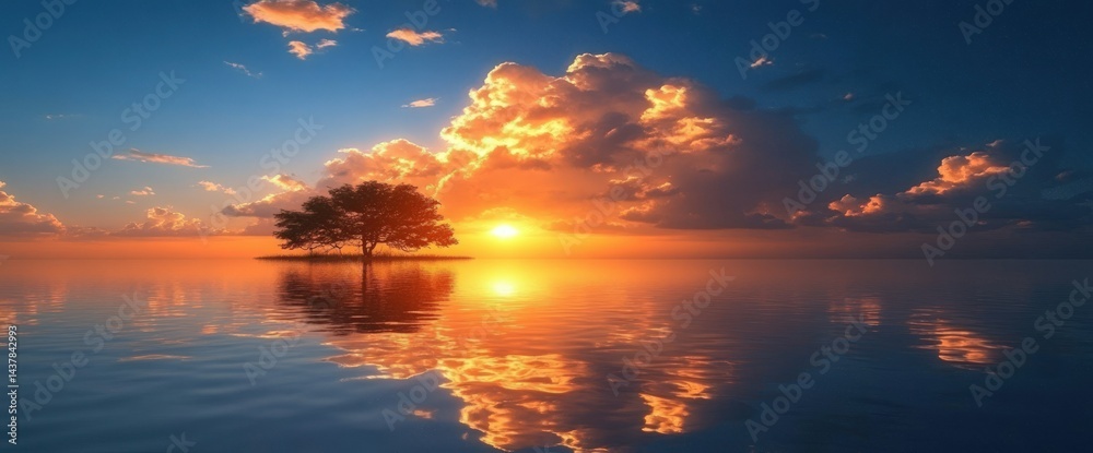 Fototapeta premium Solitary tree stands silhouetted against a fiery sunset reflected in still waters