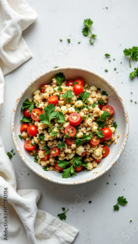 Wallpaper Mural A white bowl filled with a colorful Mediterranean-style dish containing tomatoes, herbs, and couscous. Torontodigital.ca