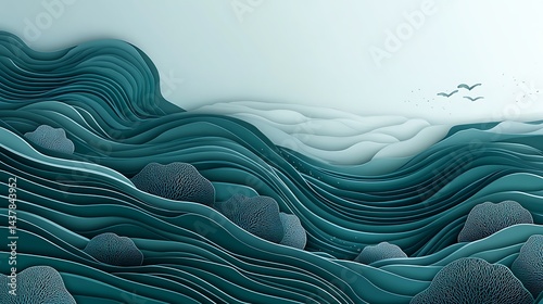 Teal Paper Cut Ocean Waves Landscape.