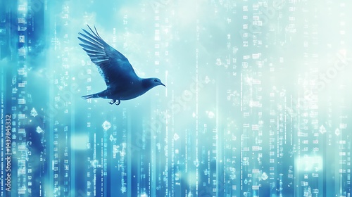 Bird soars through a sky of light and abstract code photo