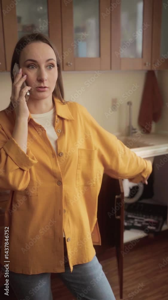 Frustrated woman wearing casual clothes is making a phone call in her kitchen, explaining a problem with her leaky sink to a repair service