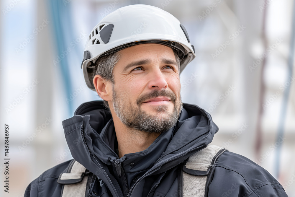 Stock minimalist photography of a white man in black protective clothing and helmet climbing a concert rig with a safety harness, blue sky and rig structure softly out of focus Stock minimalist photography of a white man in black protective clothing and helmet climbing a concert rig with a safety harness, blue sky and rig structure softly out of focus
