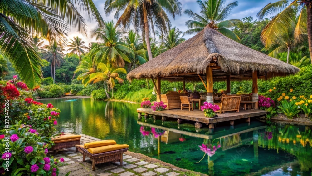 Obraz premium Serene Tropical Oasis Thatched Gazebo Over Water, Lush Greenery, Vibrant Flowers, and Tranquil Relaxation