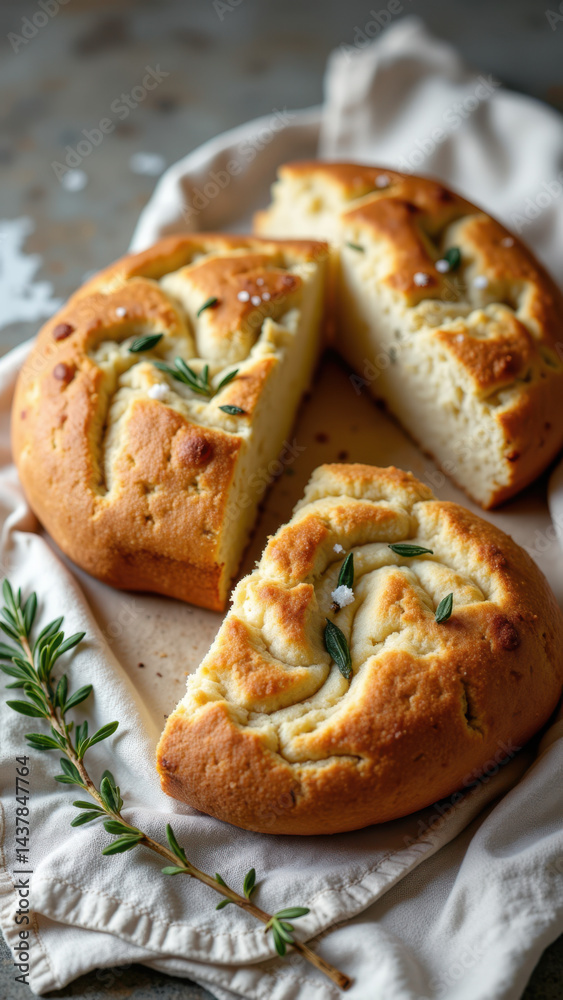 Fresh baked bread with herbs on a rustic tablecloth. A slice has been cut out to reveal the soft interior. Fresh baked bread with herbs on a rustic tablecloth. A slice has been cut out to reveal the soft interior.