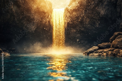 Fototapeta Naklejka Na Ścianę i Meble -  Golden waterfall cascades into a tranquil pool, nestled within a dark, mystical cave.