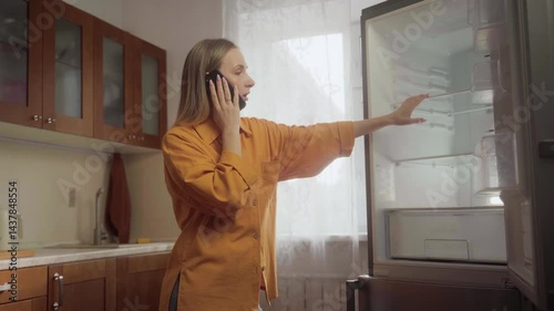 Frustrated woman in orange shirt talking on mobile phone, gesturing towards empty refrigerator in bright kitchen, reporting malfunction to customer service