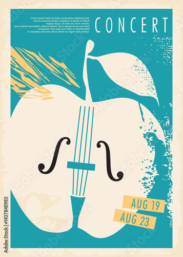 Classical music concert creative retro poster design. Apple shape and violin. Vintage vector concert flyer invitation on a blue background.
