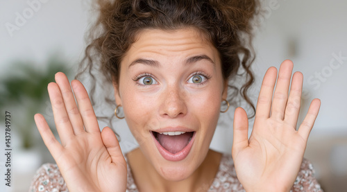 A close-up portrait of an excited woman with her mouth open, looking at the camera and waving to something she is happy about in front of a blurred living room background. The scen