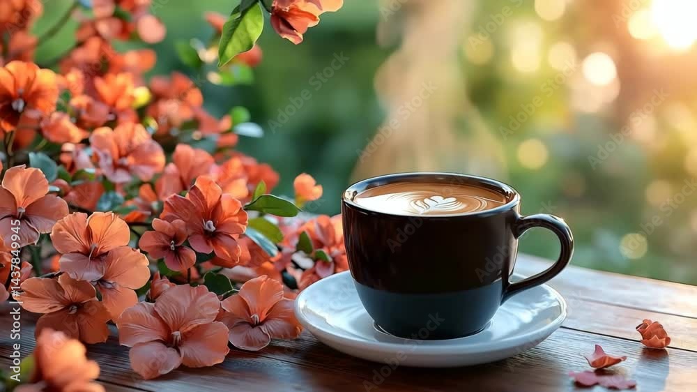 A cup of coffee surrounded by blooming flowers in morning sunlight