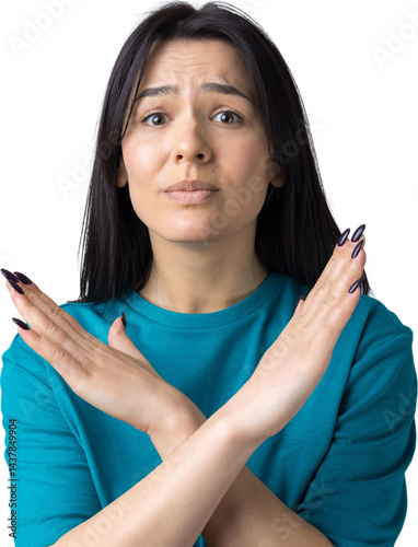 Girl disapproving with no crossing hands sign make negation gesture. Portrait of pretty woman on grey background