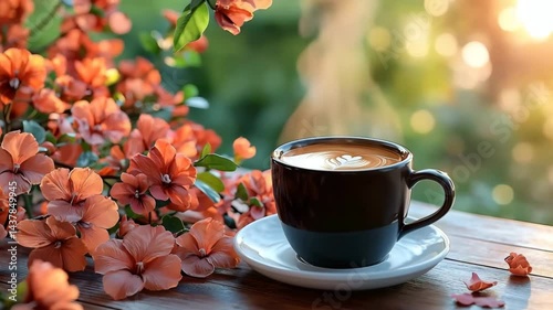 A cup of coffee surrounded by blooming flowers in morning sunlight