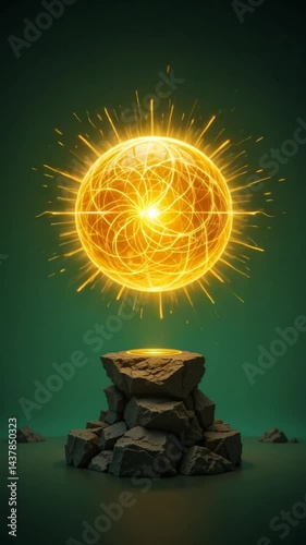Glowing Orb Above Stone Platform on Green Background