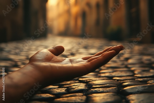 A lone hand rests on a cobblestone street, bathed in the warm glow of sunset, conveying vulnerability and solitude.