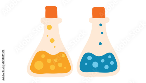 Colorful laboratory flasks with liquids against a white background  