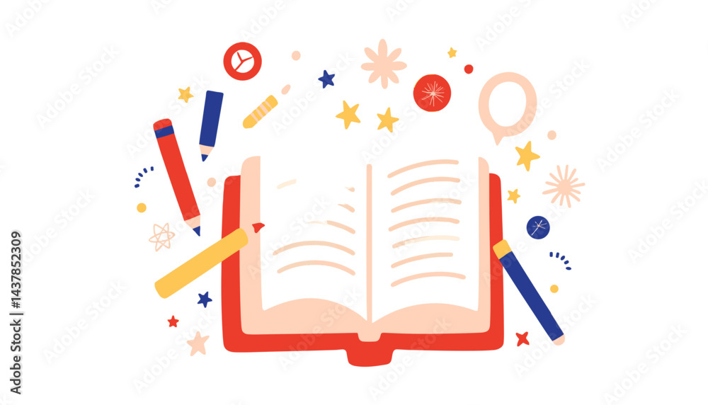 Fototapeta premium Colorful open book surrounded by stars and school supplies 
