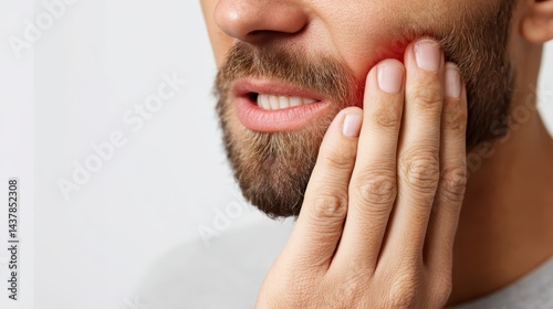 Grimacing bearded male with reddened cheek, showcasing intense dental discomfort and potential oral health problem