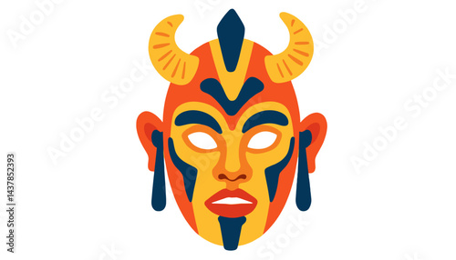 Stylized masked face with horns in vibrant colors  