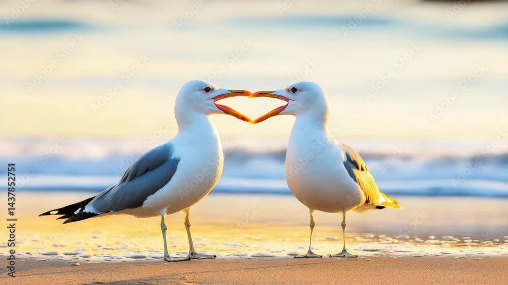 Two Seagulls Calling to Each Other on a Sandy Beach at Sunset Golden Hour Light Two Seagulls Calling to Each Other on a Sandy Beach at Sunset Golden Hour Light