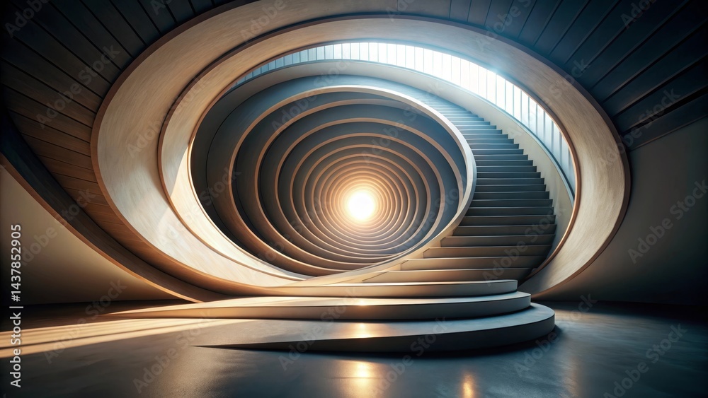 Obraz premium Ascending a Curving Architectural Staircase Towards a Bright, Distant Light Source, Creating an Abstract and Evocative Composition of Form and Space