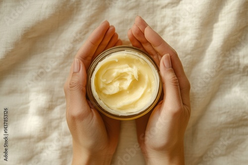 Hands holding jar of creamy body butter on soft fabric background in warm natural light photo