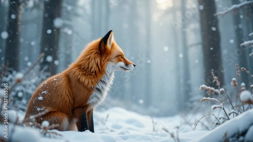 Fox Sitting in Snowy Forest During Winter Season