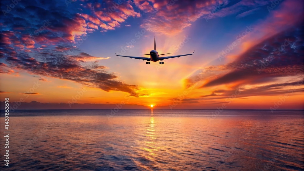 Naklejka premium A majestic airplane descends towards the ocean during a vibrant sunset, casting a breathtaking silhouette against the fiery sky