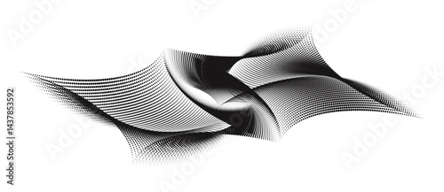 A graphical representation of the rhythm grams geometrical shapes, abstract black and white twisted waveform vector art.