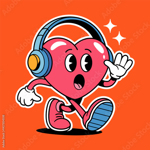 Cute Heart Character Listening to Music with Headphones