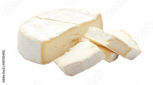 Close up shot of a wheel of brie cheese with several slices cut and arranged nearby on black
