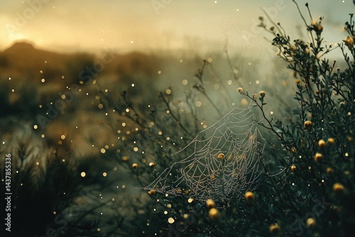 Dew-kissed spiderweb glistening in the soft morning light, among autumnal plants.