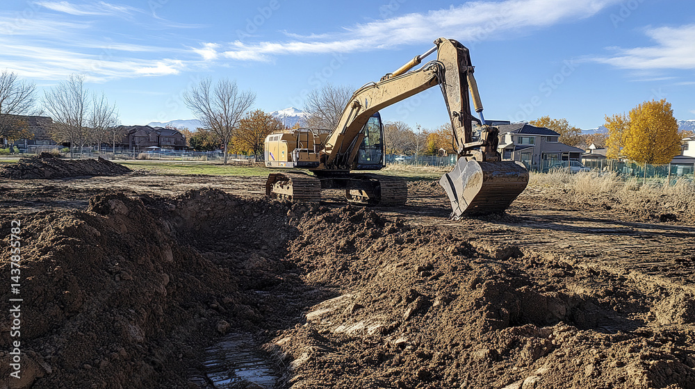 Obraz premium Excavator working on residential land development with clear blue sky