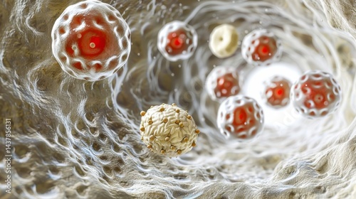 3d illustration of red blood cells in an artery showing cholesterol buildup and circulation dynamics