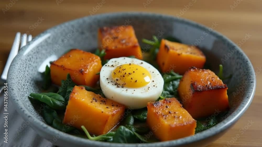 Nutritious Meal with Sweet Potato, Spinach, and Hard-Boiled Egg, Clean Eating Bowl with Vegetables and Egg
