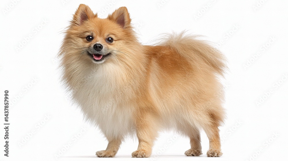 Fluffy Pomeranian Dog Standing and Looking Forward with Joyful Expression