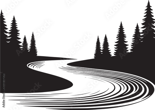 Flowing River with Trees Silhouette Illustration