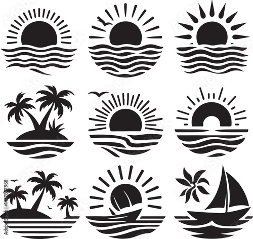 Sea and Sun Silhouette Vector Set Collection