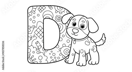 Puppy and Letter D: An adorable puppy stands proudly next to the letter "D", part of an illustrated alphabet for children.
