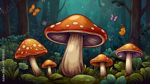 cartoon Colorful Mushroom Illustration Design With Floral