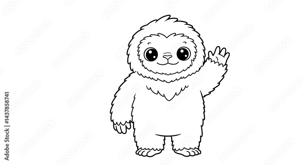 Obraz premium Adorable Yeti Silhouette: A charming monochrome depiction of a friendly yeti character, raising a hand in a welcoming gesture. A perfect blend of simple linework and captivating details.